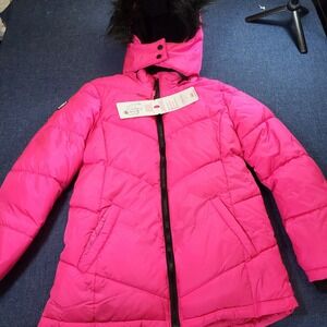 Justice Girls Neon Pink Classic Puffer Jacket Removable Faux Fur Hood Sz L 12-14